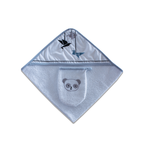 Cape de bain et gant assorti Panda Bleu