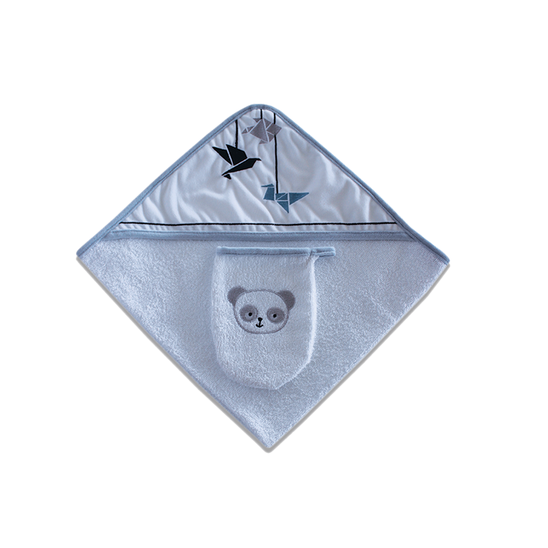 Cape de bain et gant assorti Panda Bleu